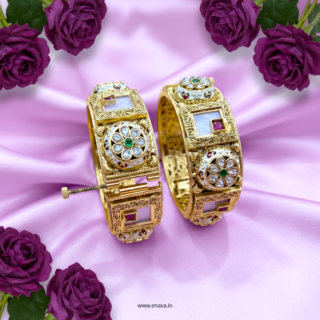 Rajwadi Kundan Marble Stone Flower Enamel Gold Plated Bangles by Enava Bangle Enava Jewels.