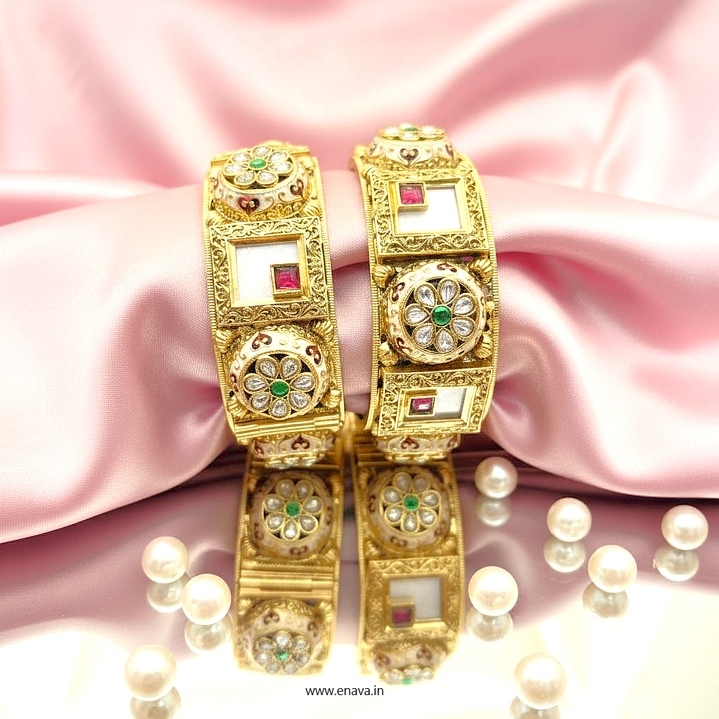 Rajwadi Kundan Marble Stone Flower Enamel Gold Plated Bangles by Enava Bangle Enava Jewels.