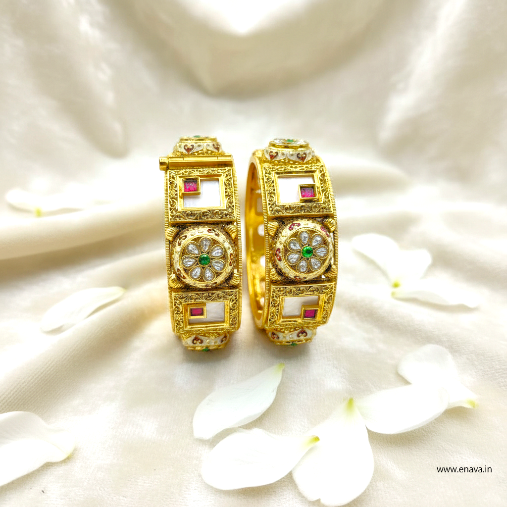 Rajwadi Kundan Marble Stone Flower Enamel Gold Plated Bangles by Enava Bangle Enava Jewels.
