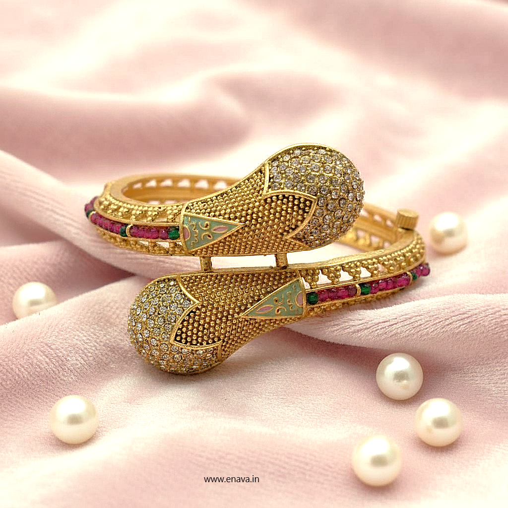 Rajwadi Ruby AD Floral Enamel Gold Plated Kada Bracelet by Enava Bracelet Enava Jewels.
