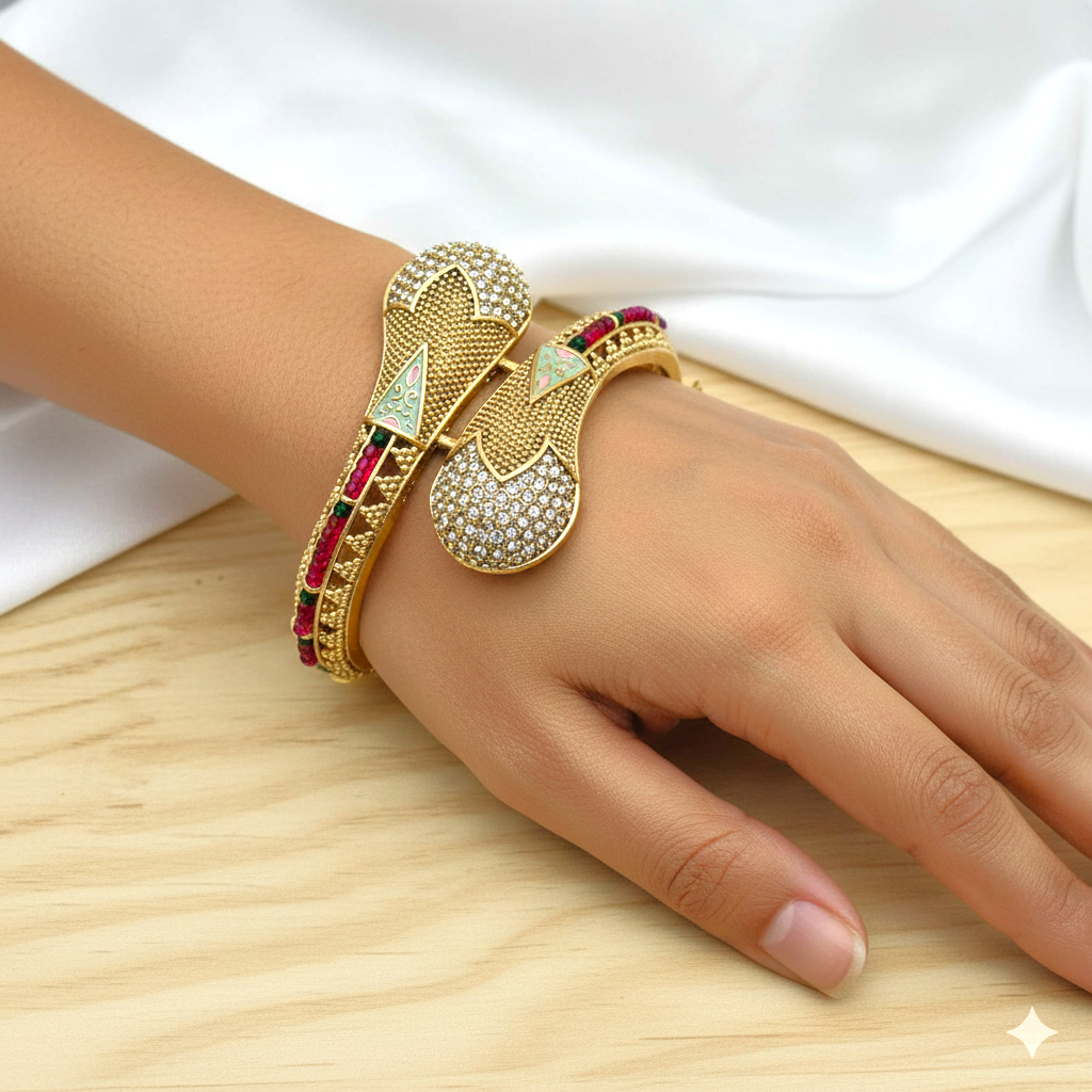 Rajwadi Ruby AD Floral Enamel Gold Plated Kada Bracelet by Enava Bracelet Enava Jewels.