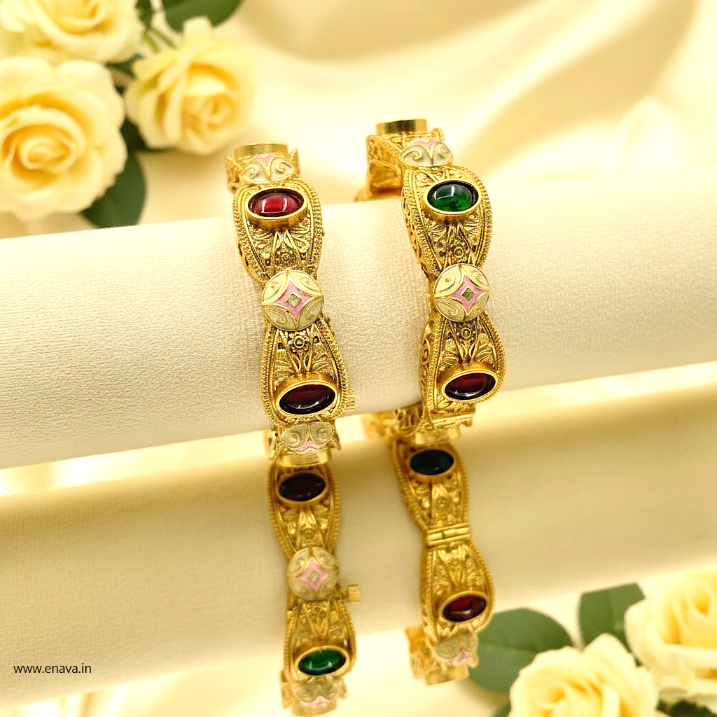 Rajwadi Ruby Green Kundan Enamel Gold Plated Bangles by Enava Bangle Enava Jewels.