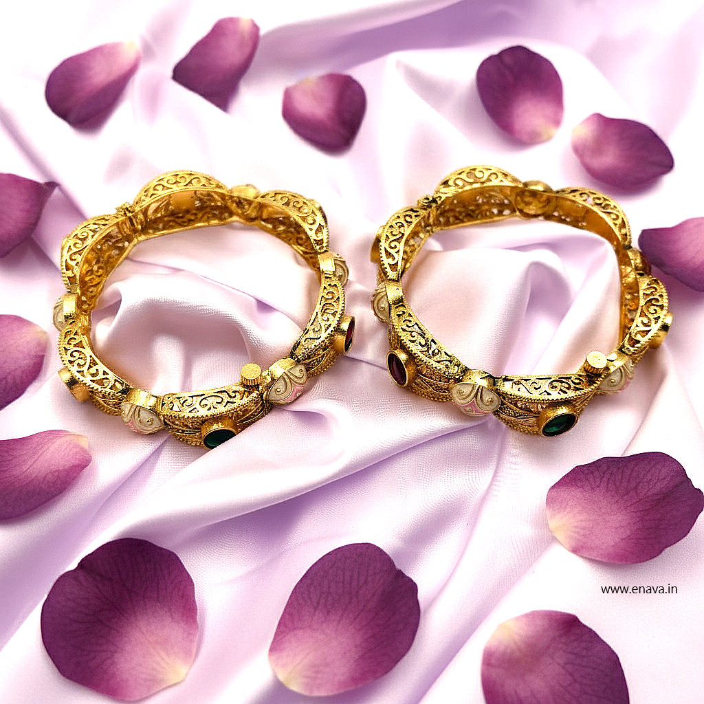 Rajwadi Ruby Green Kundan Enamel Gold Plated Bangles by Enava Bangle Enava Jewels.