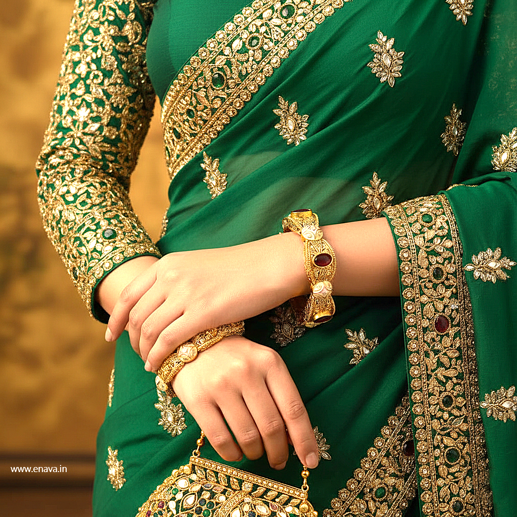 Rajwadi Ruby Green Kundan Enamel Gold Plated Bangles by Enava Bangle Enava Jewels.