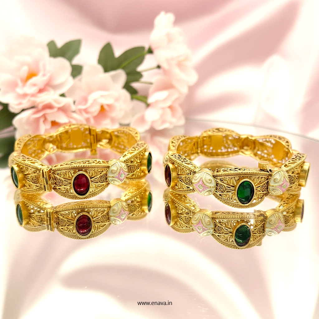 Rajwadi Ruby Green Kundan Enamel Gold Plated Bangles by Enava Bangle Enava Jewels.