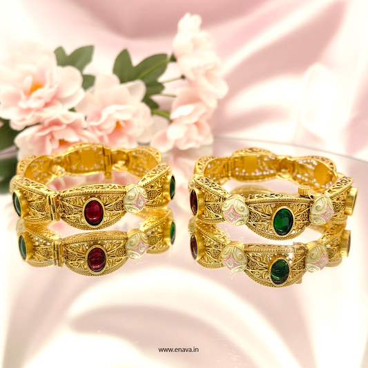 Rajwadi Ruby Green Kundan Enamel Gold Plated Bangles by Enava Bangle Enava Jewels.