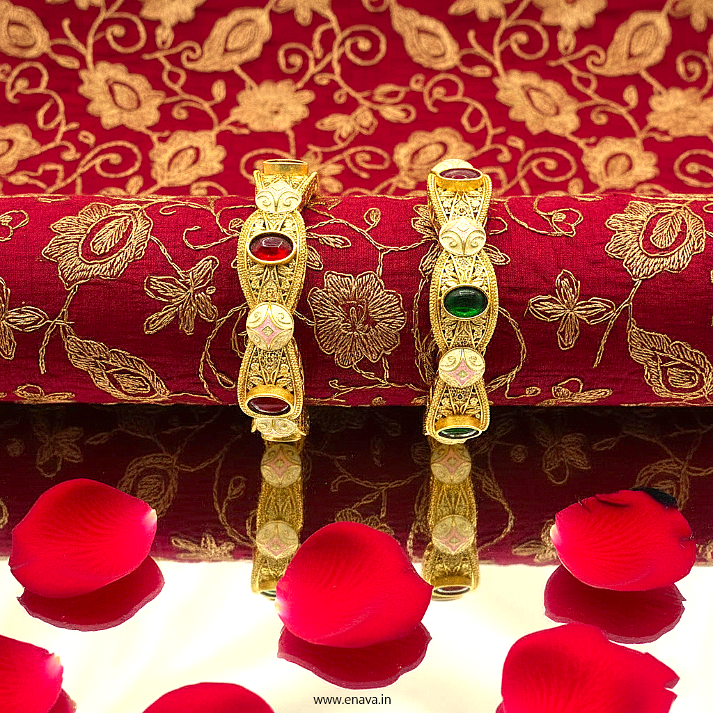 Rajwadi Ruby Green Kundan Enamel Gold Plated Bangles by Enava Bangle Enava Jewels.
