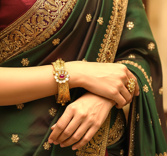 Rajwadi Ruby Green Kundan Gold Plated Bangles by Enava
