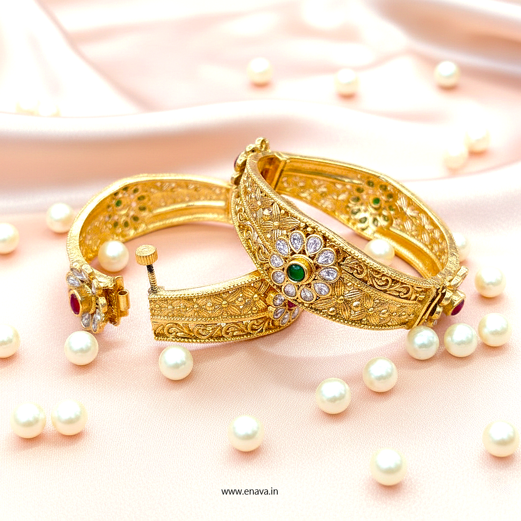 Rajwadi Ruby Green Kundan Gold Plated Bangles by Enava Bangle Enava Jewels.