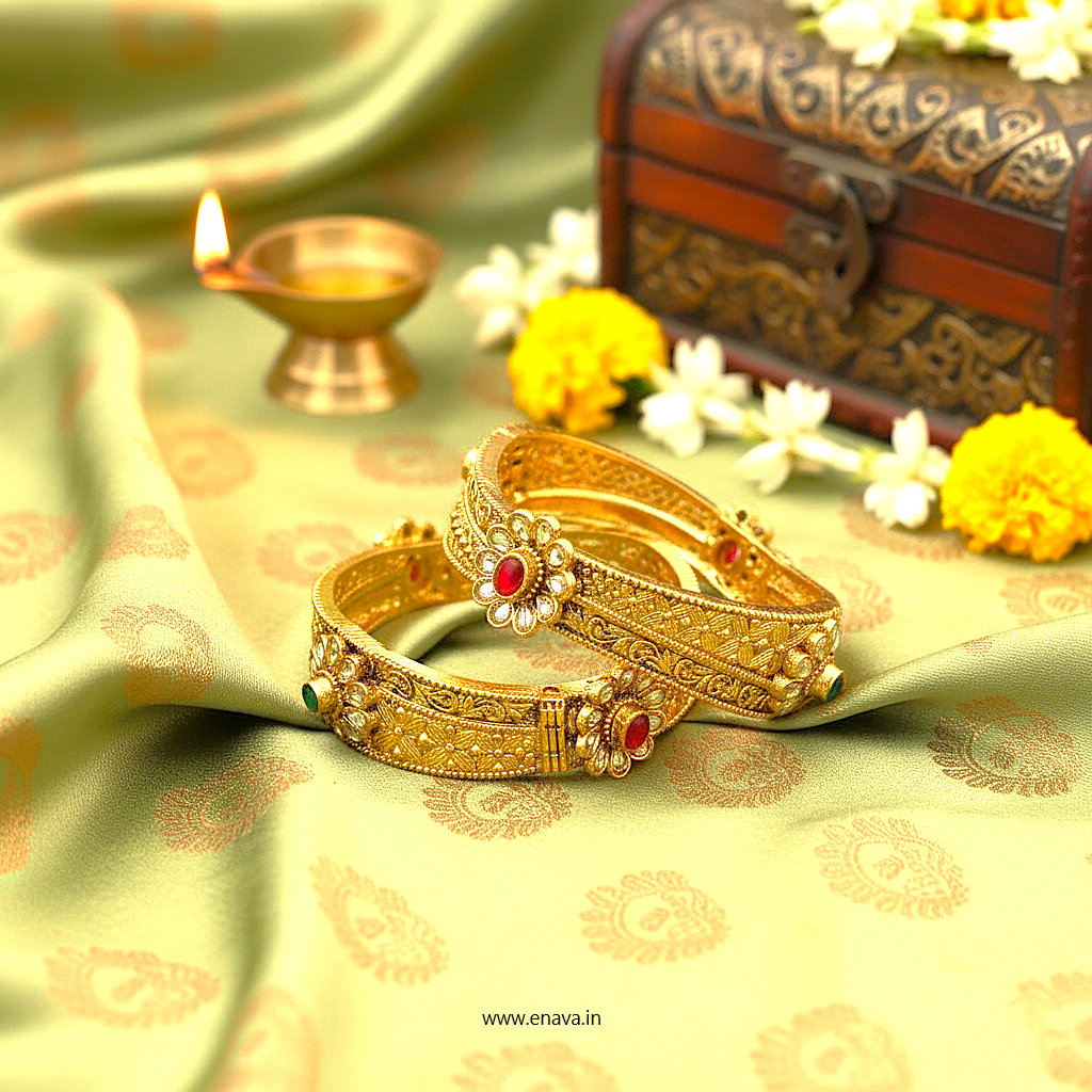 Rajwadi Ruby Green Kundan Gold Plated Bangles by Enava Bangle Enava Jewels.