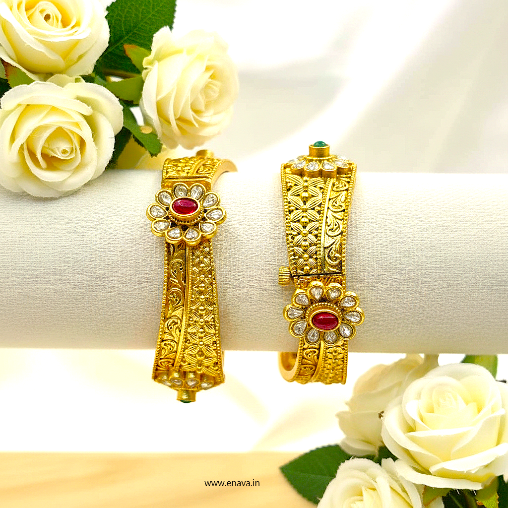 Rajwadi Ruby Green Kundan Gold Plated Bangles by Enava Bangle Enava Jewels.