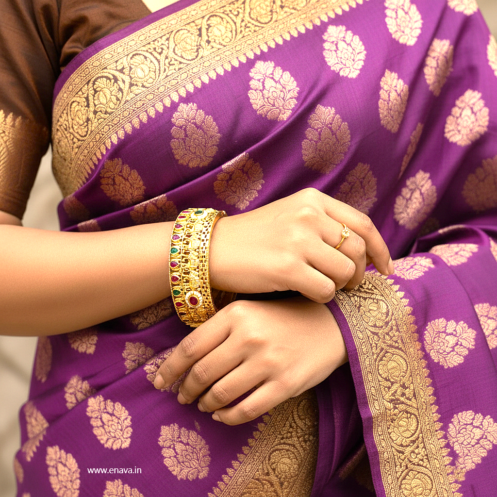 Rajwadi Ruby Green Kundan Stone Pearl Gold Plated Bangles by Enava Bangle Enava Jewels.