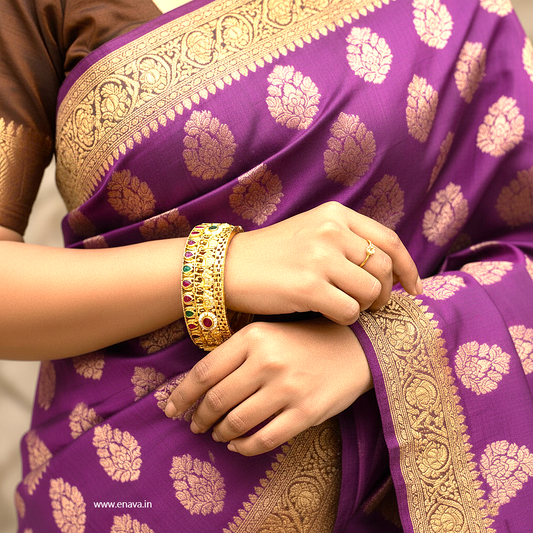 Rajwadi Ruby Green Kundan Stone Pearl Gold Plated Bangles by Enava Bangle Enava Jewels.