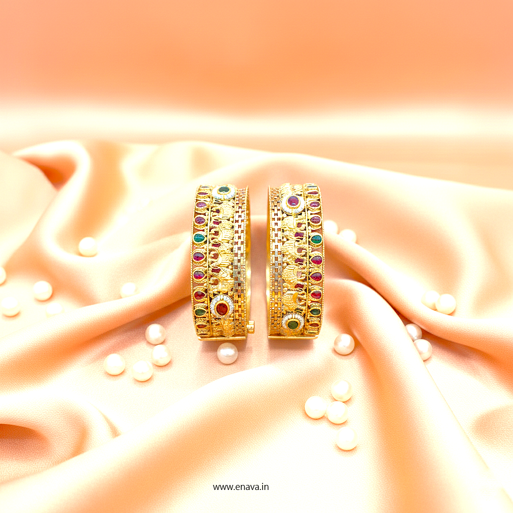 Rajwadi Ruby Green Kundan Stone Pearl Gold Plated Bangles by Enava Bangle Enava Jewels.