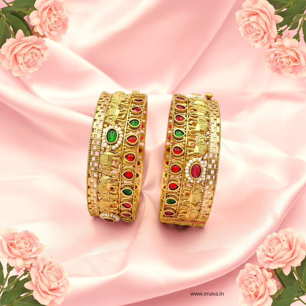 Rajwadi Ruby Green Kundan Stone Pearl Gold Plated Bangles by Enava Bangle Enava Jewels.