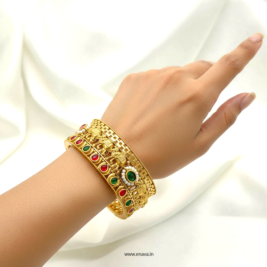 Rajwadi Ruby Green Kundan Stone Pearl Gold Plated Bangles by Enava Bangle Enava Jewels.