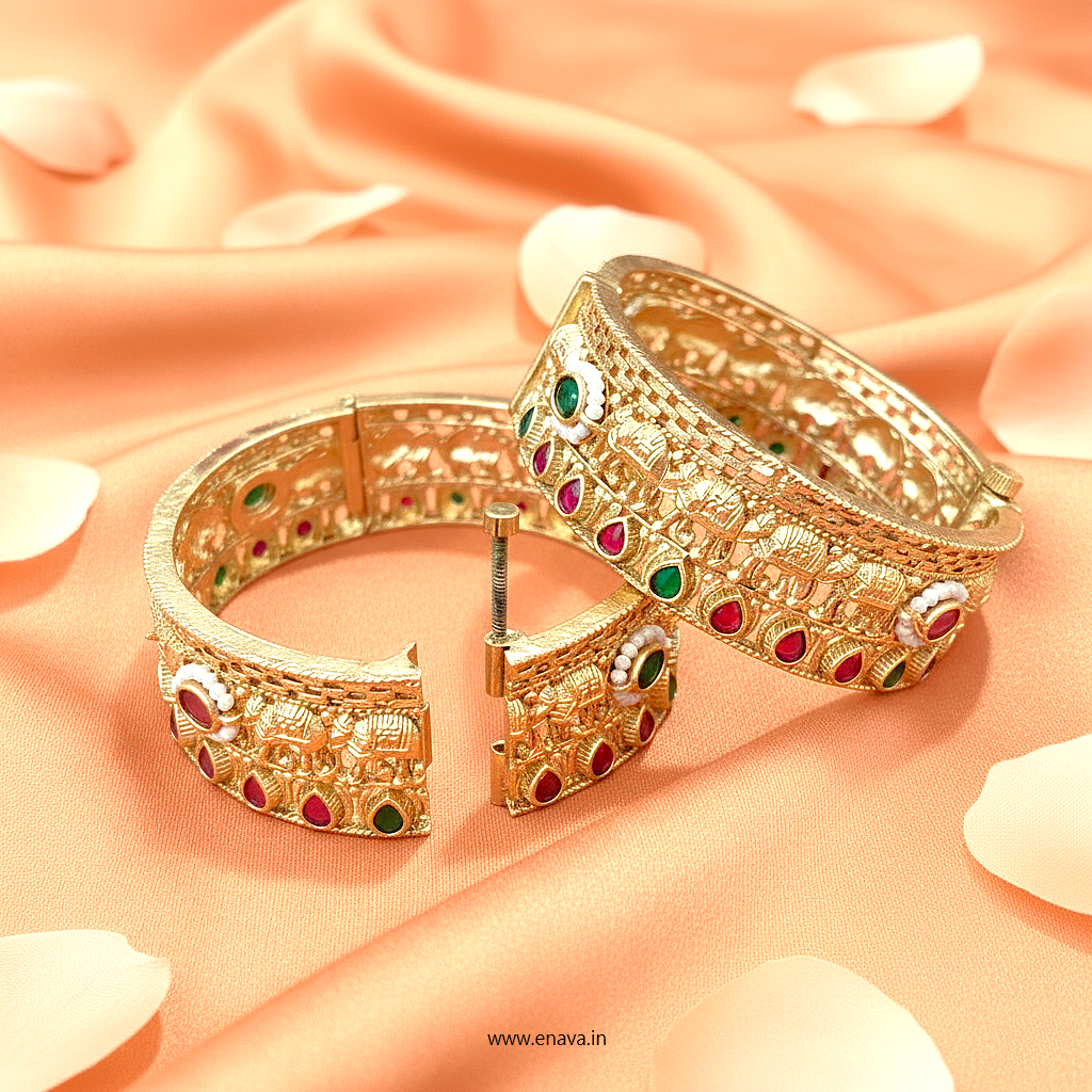 Rajwadi Ruby Green Kundan Stone Pearl Gold Plated Bangles by Enava Bangle Enava Jewels.