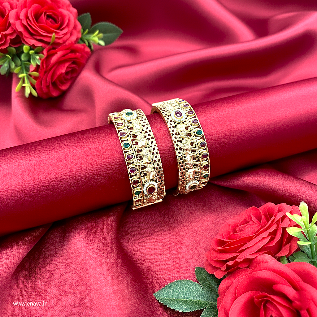 Rajwadi Ruby Green Kundan Stone Pearl Gold Plated Bangles by Enava Bangle Enava Jewels.