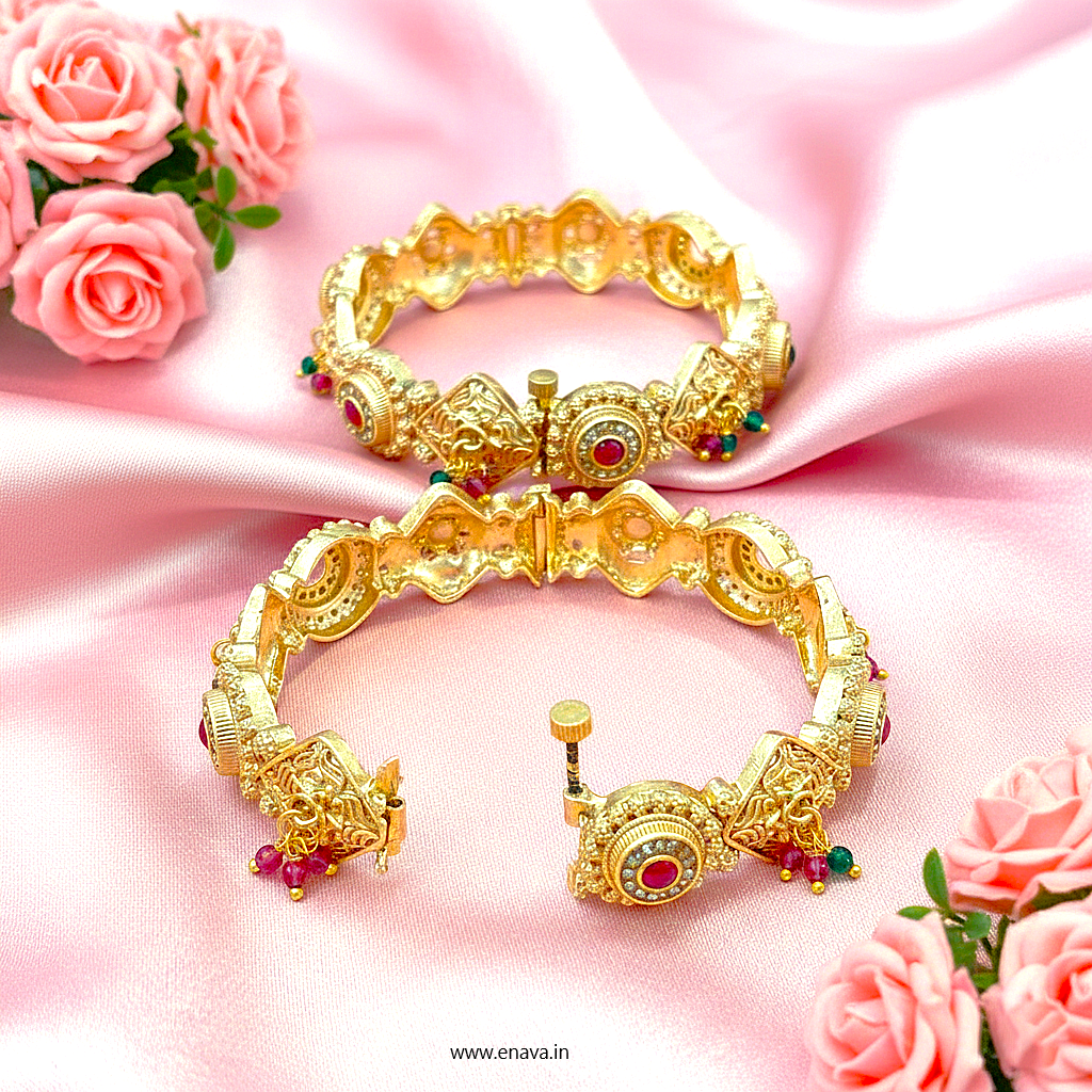 Rajwadi Ruby Green Stones Ghungaru Kundan Gold Plated Bangles by Enava Bangle Enava Jewels.