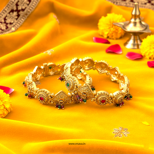 Rajwadi Ruby Green Stones Ghungaru Kundan Gold Plated Bangles by Enava