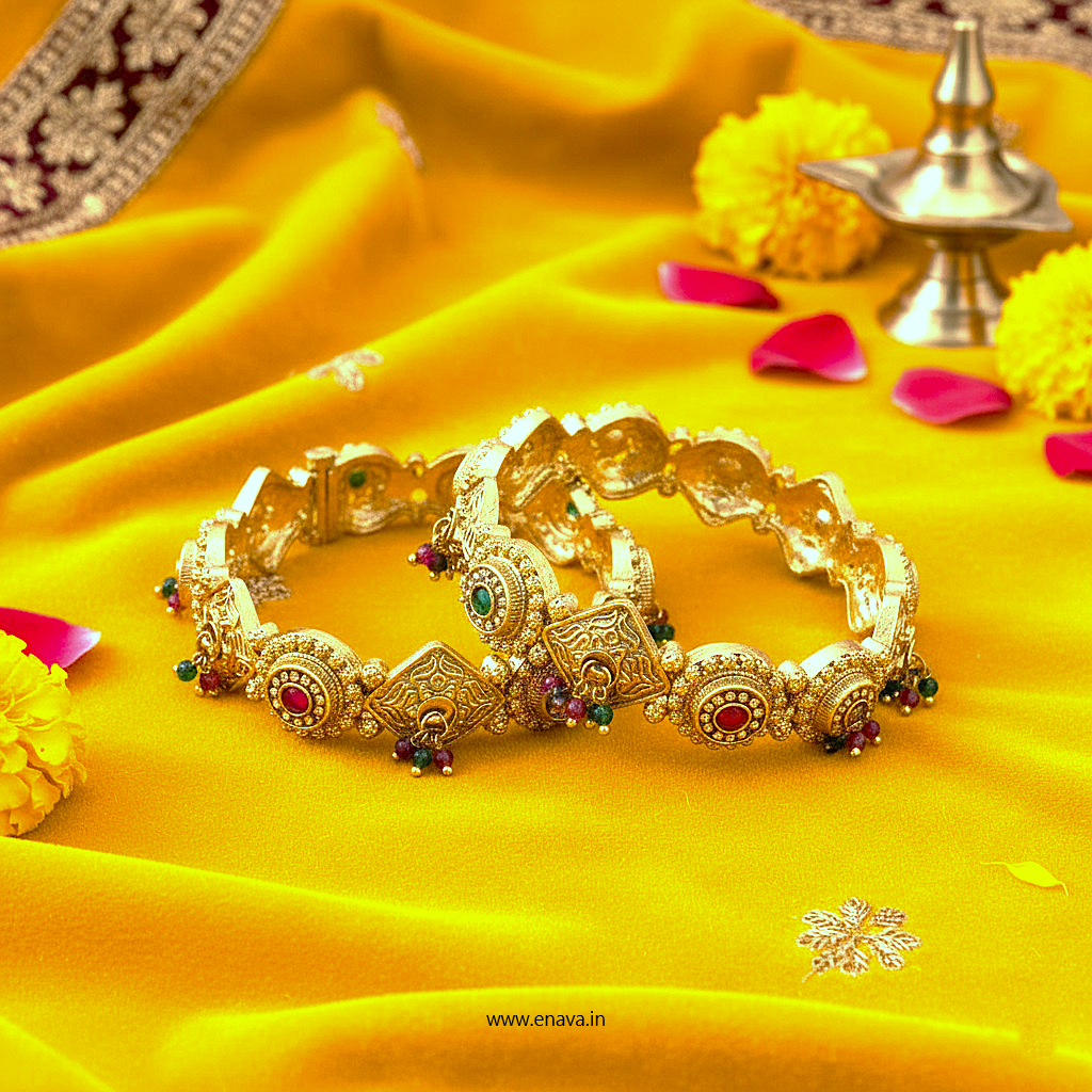 Rajwadi Ruby Green Stones Ghungaru Kundan Gold Plated Bangles by Enava Bangle Enava Jewels.