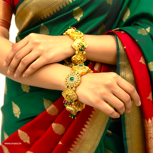 Rajwadi Ruby Green Stones Ghungaru Kundan Gold Plated Bangles by Enava
