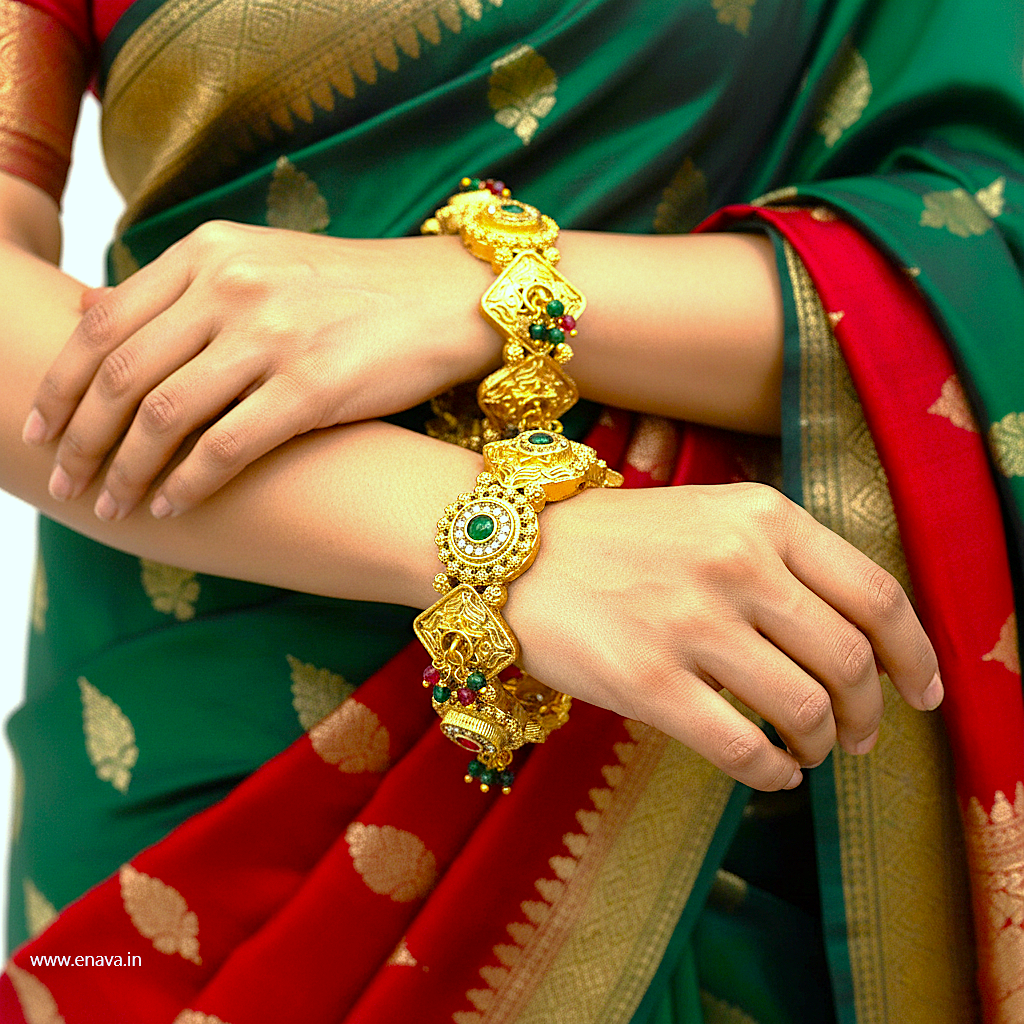 Rajwadi Ruby Green Stones Ghungaru Kundan Gold Plated Bangles by Enava Bangle Enava Jewels.