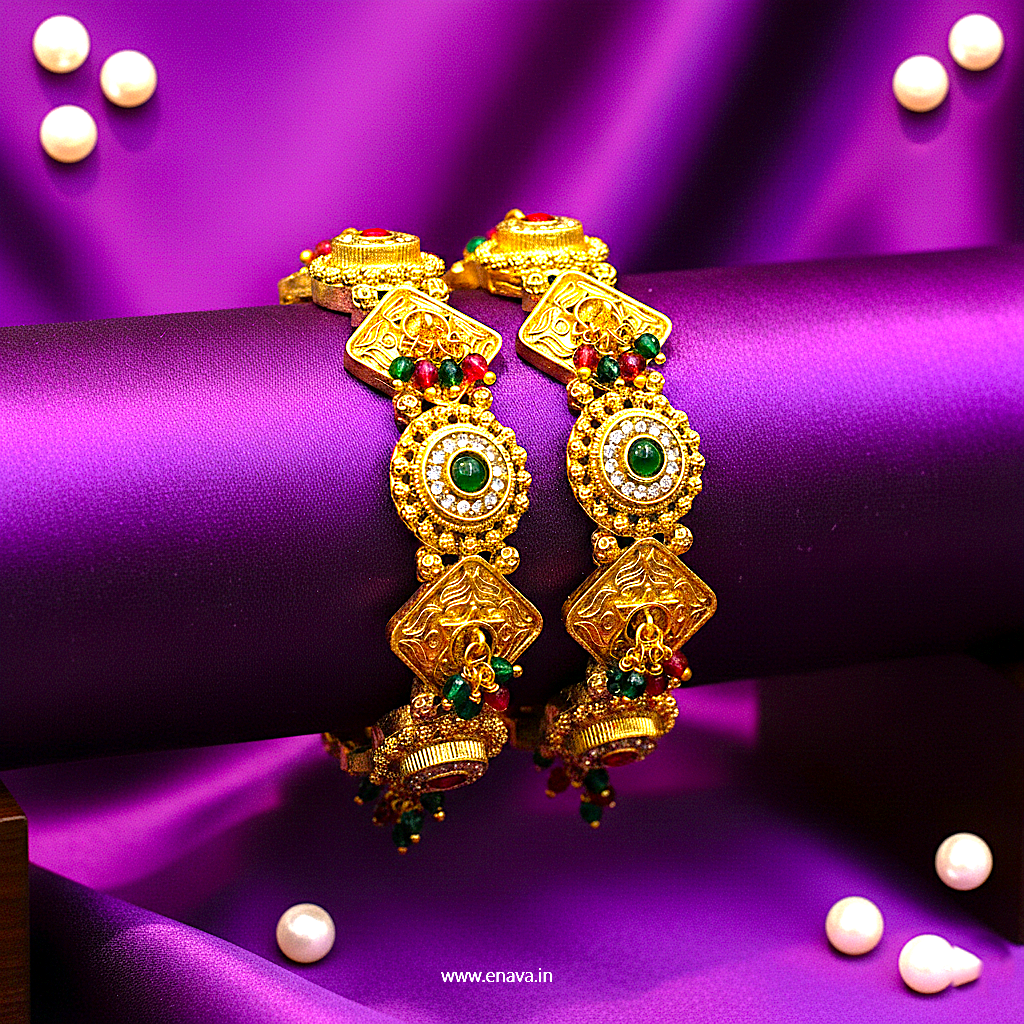 Rajwadi Ruby Green Stones Ghungaru Kundan Gold Plated Bangles by Enava Bangle Enava Jewels.