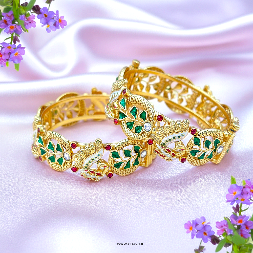 Rajwadi Ruby Stones Enamel Peacock Gold Plated Bangles by Enava Bangle Enava Jewels.