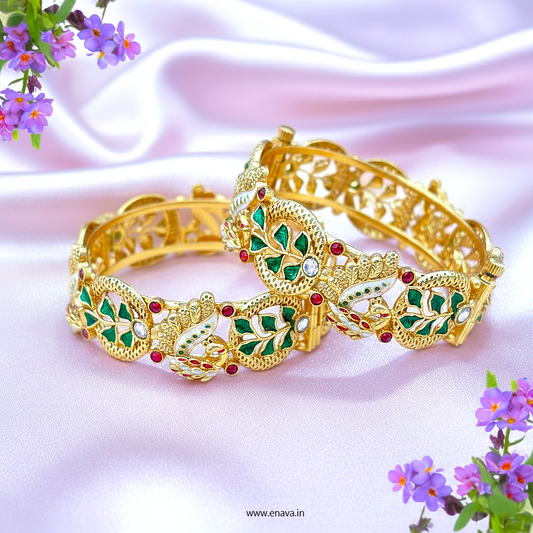 Rajwadi Ruby Stones Enamel Peacock Gold Plated Bangles by Enava