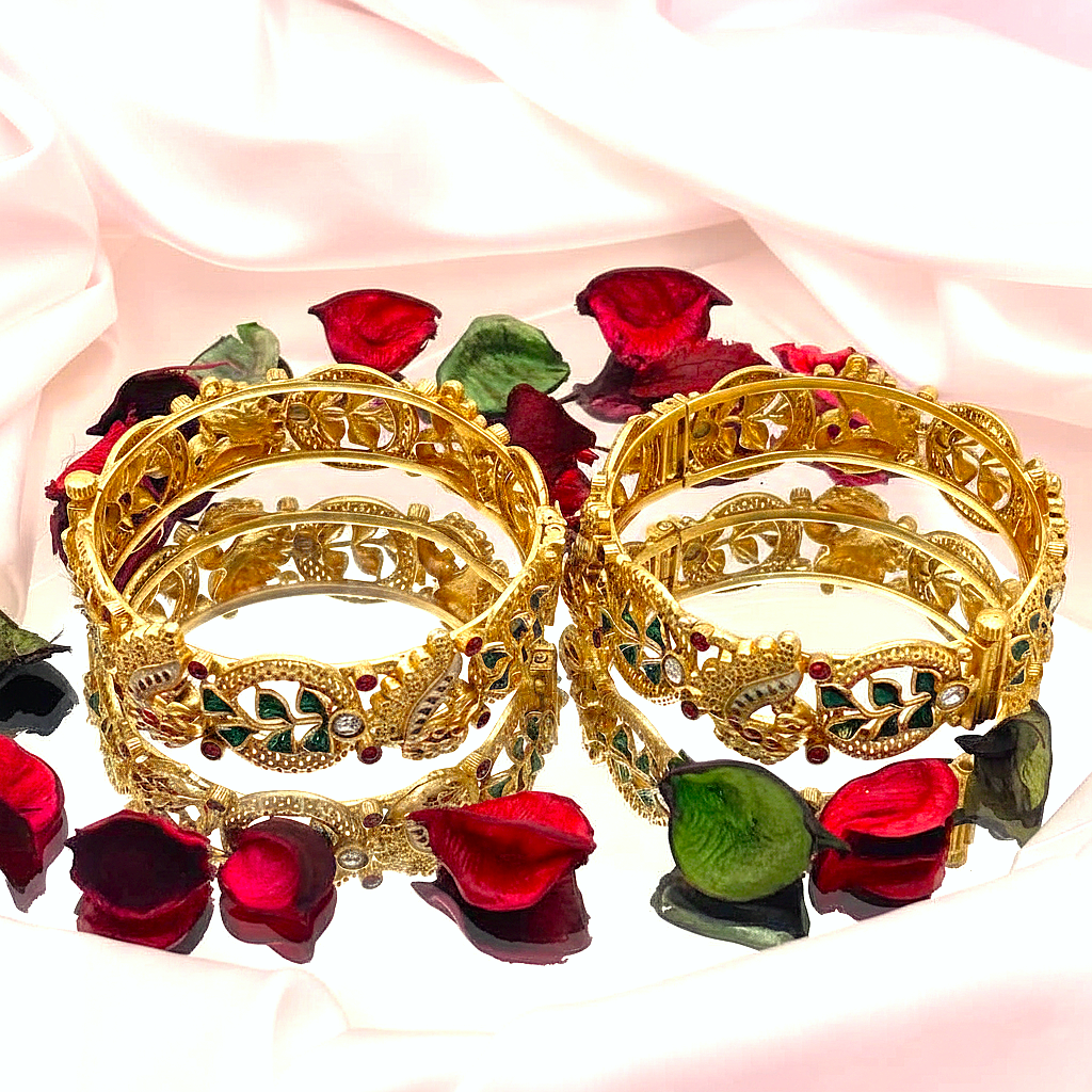Rajwadi Ruby Stones Enamel Peacock Gold Plated Bangles by Enava Bangle Enava Jewels.