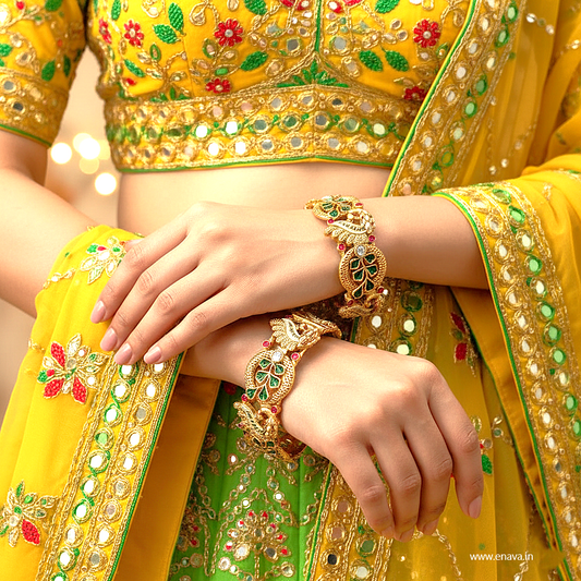 Rajwadi Ruby Stones Enamel Peacock Gold Plated Bangles by Enava