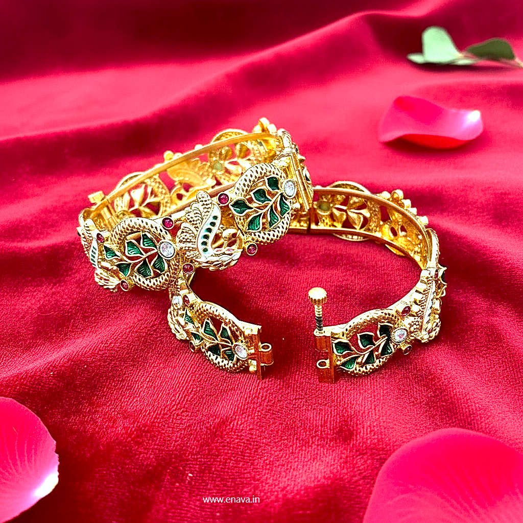 Rajwadi Ruby Stones Enamel Peacock Gold Plated Bangles by Enava Bangle Enava Jewels.