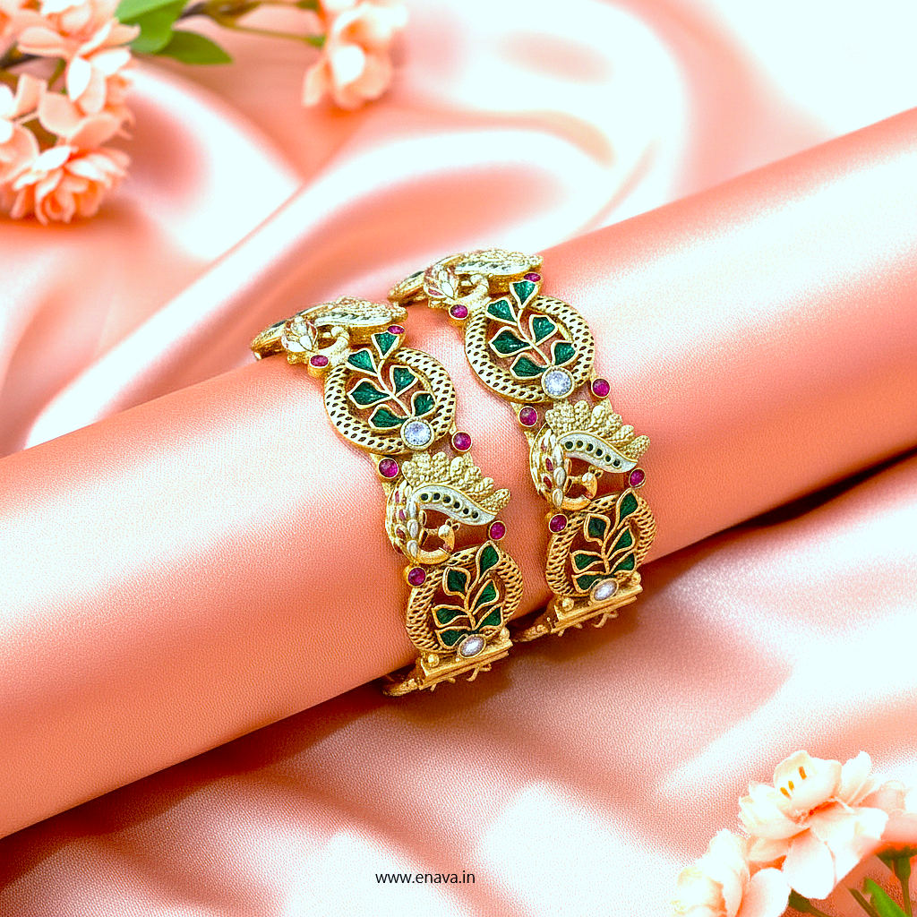 Rajwadi Ruby Stones Enamel Peacock Gold Plated Bangles by Enava Bangle Enava Jewels.
