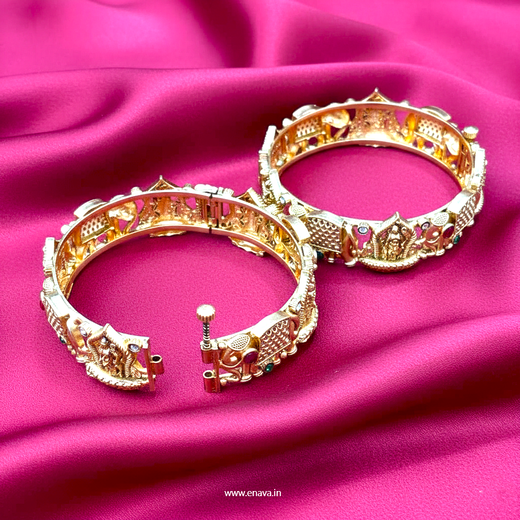 Rajwadi Temple Shri Ram & Hathi  Stones Gold Plated Bangles by Enava Bangle Enava Jewels.