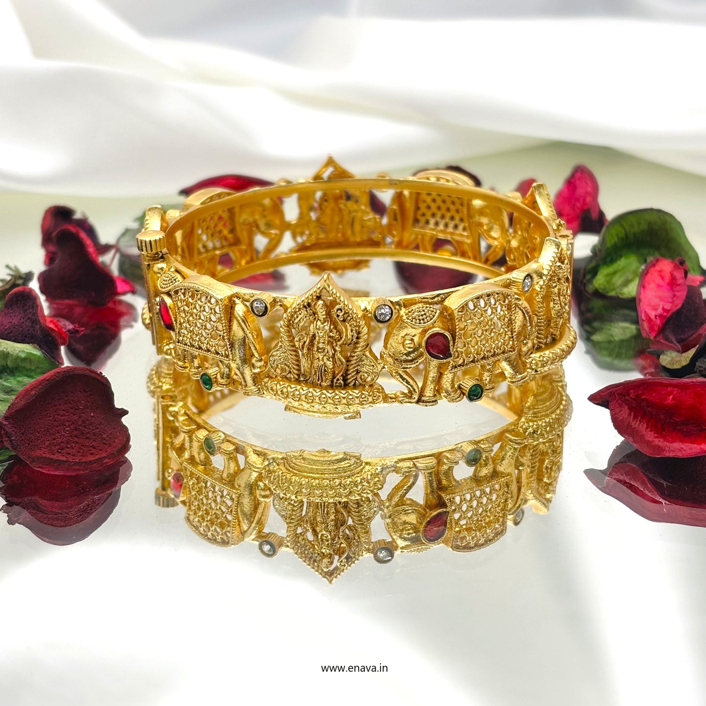 Rajwadi Temple Shri Ram & Hathi  Stones Gold Plated Bangles by Enava Bangle Enava Jewels.