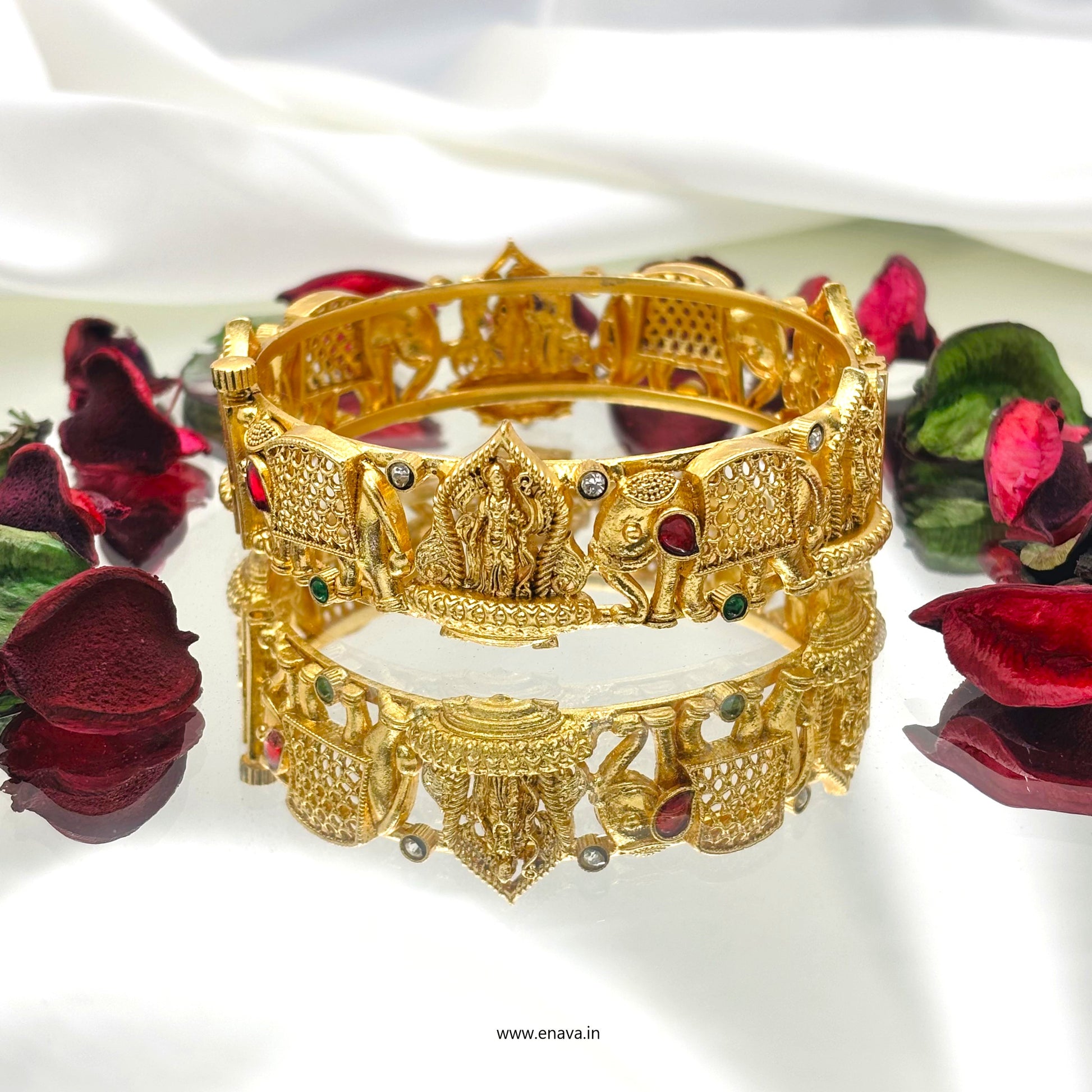Rajwadi Temple Shri Ram & Hathi  Stones Gold Plated Bangles by Enava Bangle Enava Jewels.