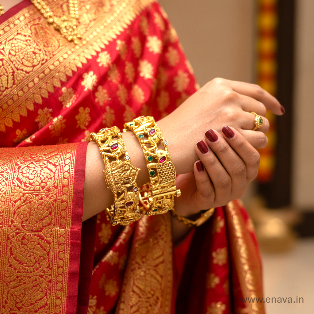 Rajwadi Temple Shri Ram & Hathi  Stones Gold Plated Bangles by Enava Bangle Enava Jewels.
