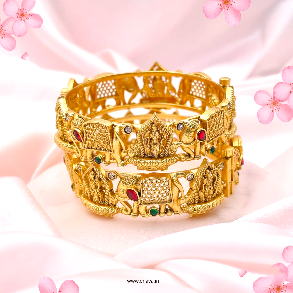 Rajwadi Temple Shri Ram & Hathi  Stones Gold Plated Bangles by Enava Bangle Enava Jewels.