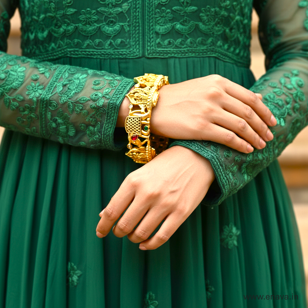 Rajwadi Temple Shri Ram & Hathi  Stones Gold Plated Bangles by Enava Bangle Enava Jewels.