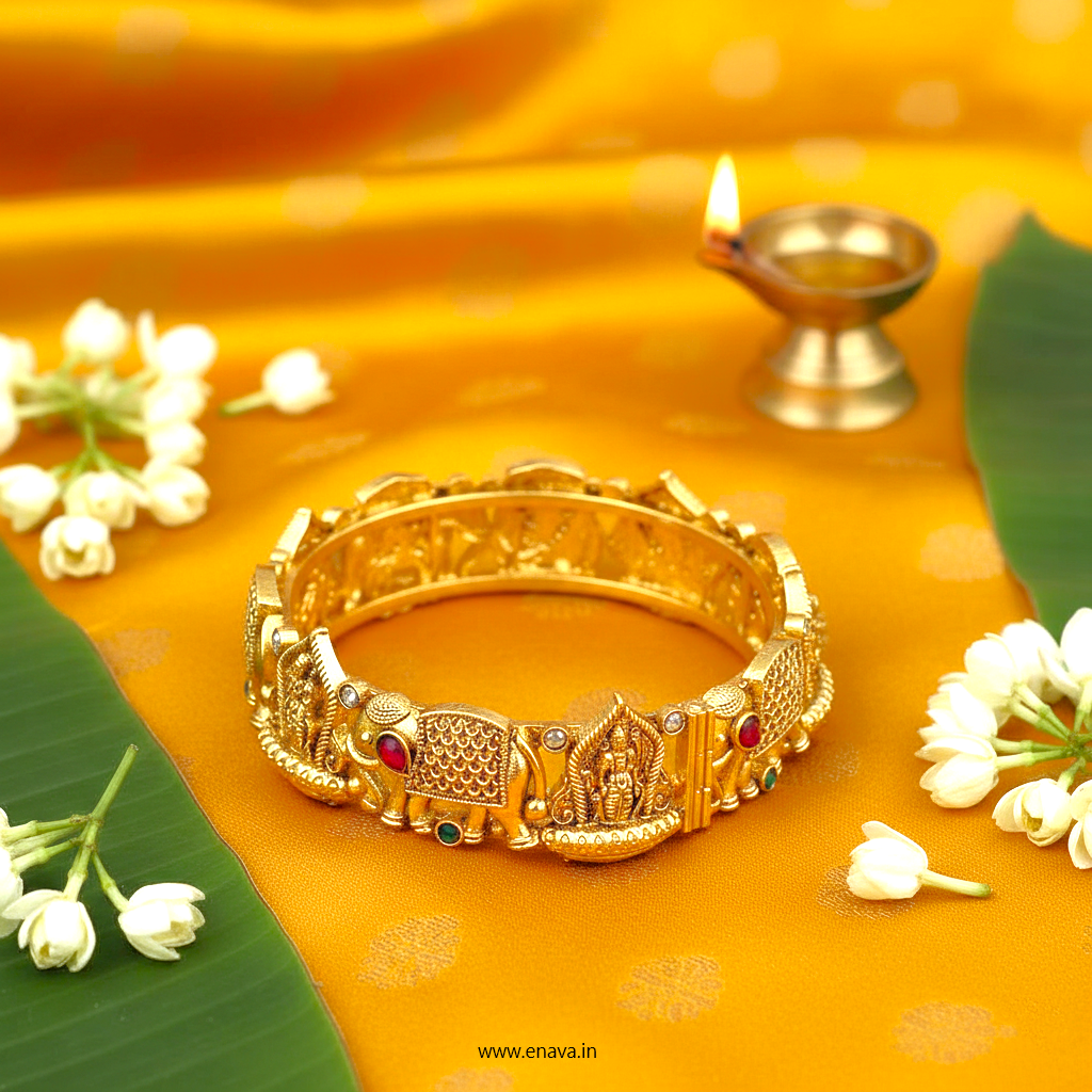 Rajwadi Temple Shri Ram & Hathi  Stones Gold Plated Bangles by Enava Bangle Enava Jewels.