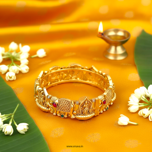 Rajwadi Temple Shri Ram & Hathi  Stones Gold Plated Bangles by Enava