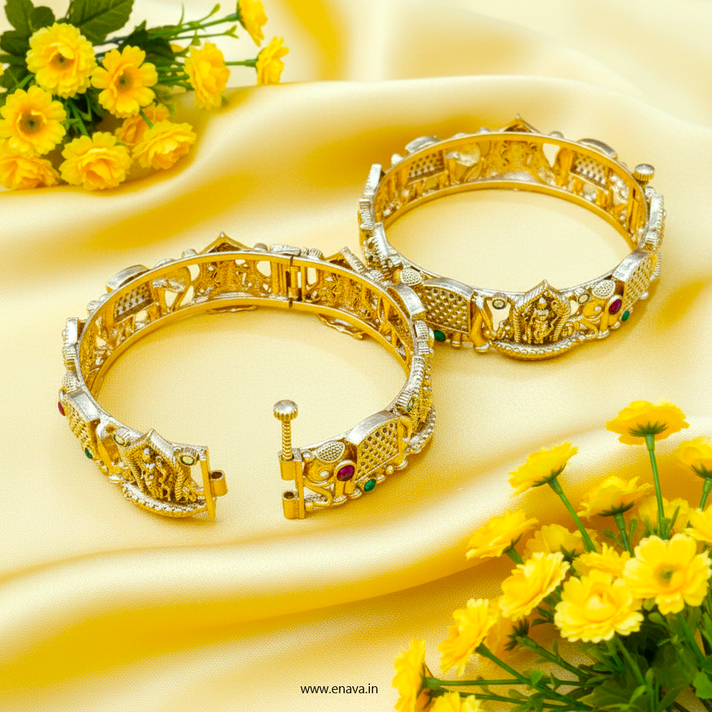 Rajwadi Temple Shri Ram & Hathi  Stones Gold Plated Bangles by Enava Bangle Enava Jewels.