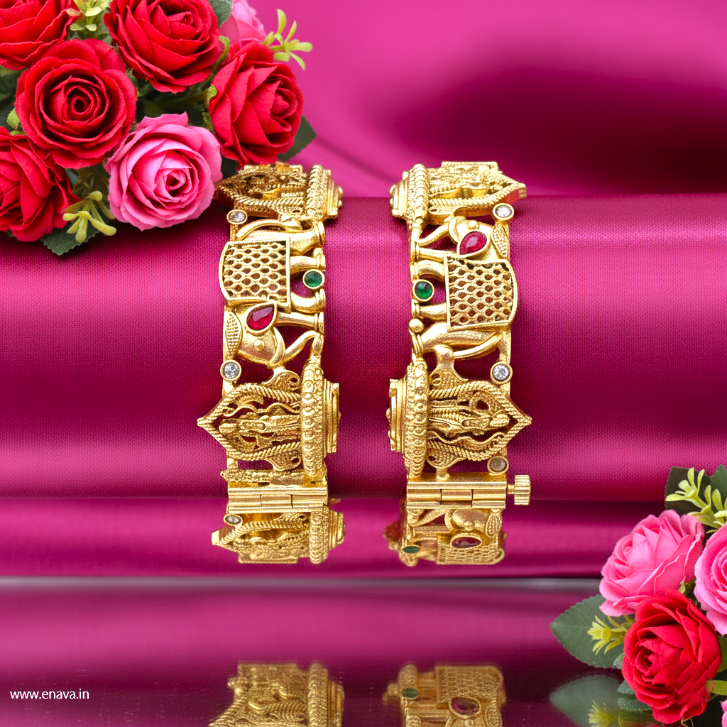 Rajwadi Temple Shri Ram & Hathi  Stones Gold Plated Bangles by Enava Bangle Enava Jewels.