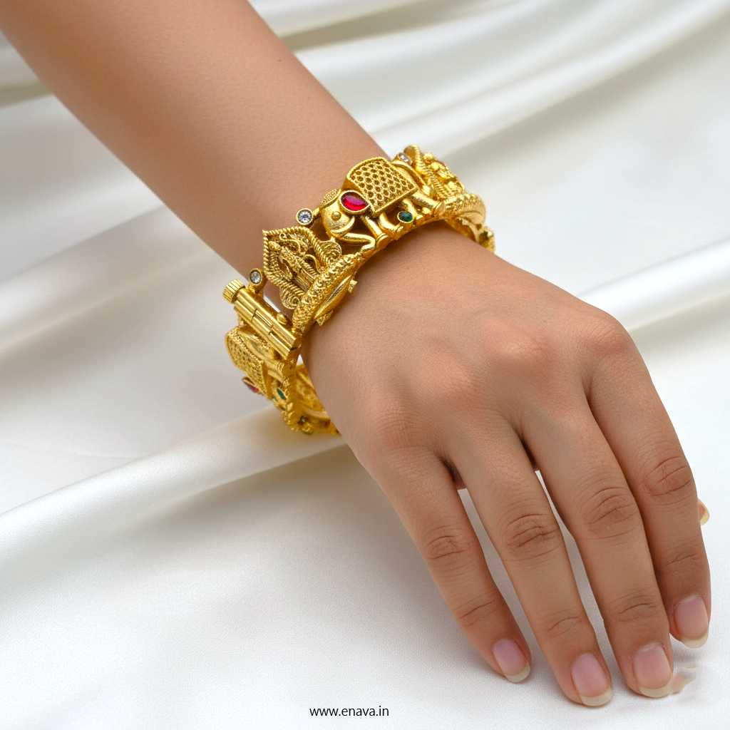 Rajwadi Temple Shri Ram & Hathi  Stones Gold Plated Bangles by Enava Bangle Enava Jewels.