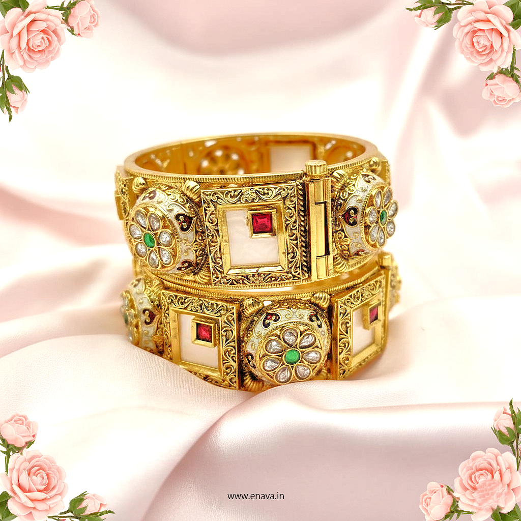 Rajwadi Kundan Marble Stone Flower Enamel Gold Plated Bangles by Enava Bangle Enava Jewels.