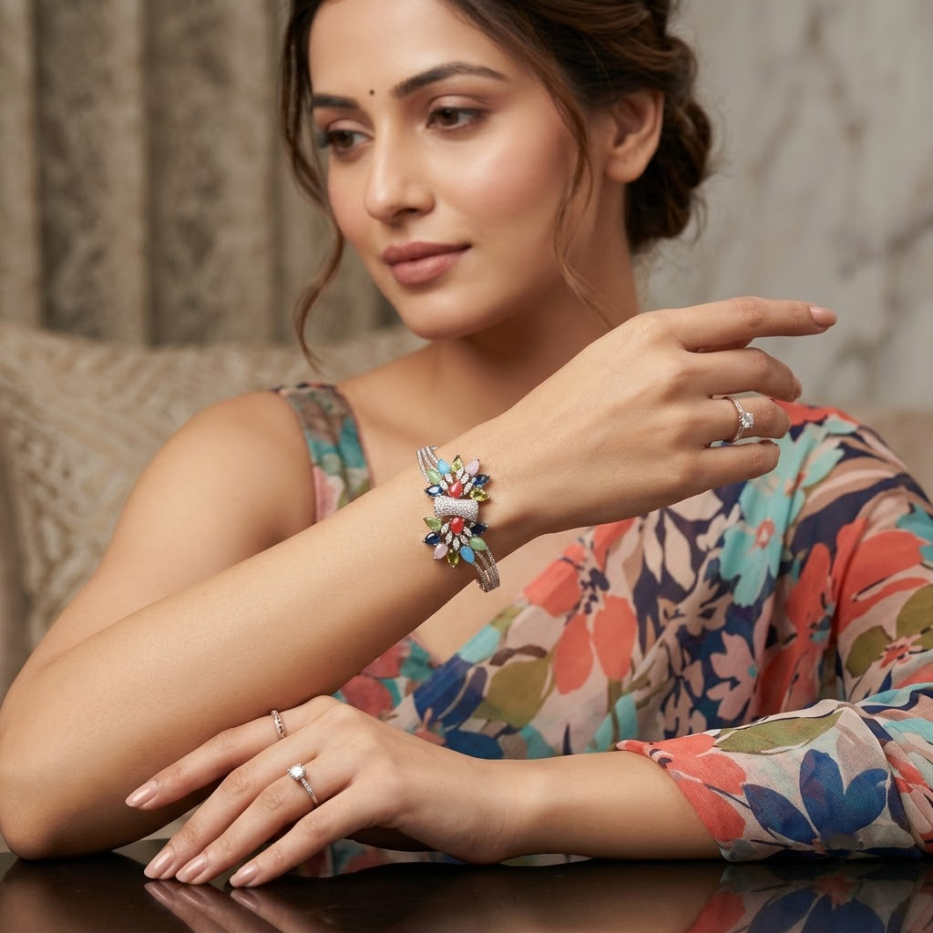 Rang Noor Multicolor Bracelet with colorful American Diamond AD stone flower designs, vibrant designer bracelet for women by ENAVA.