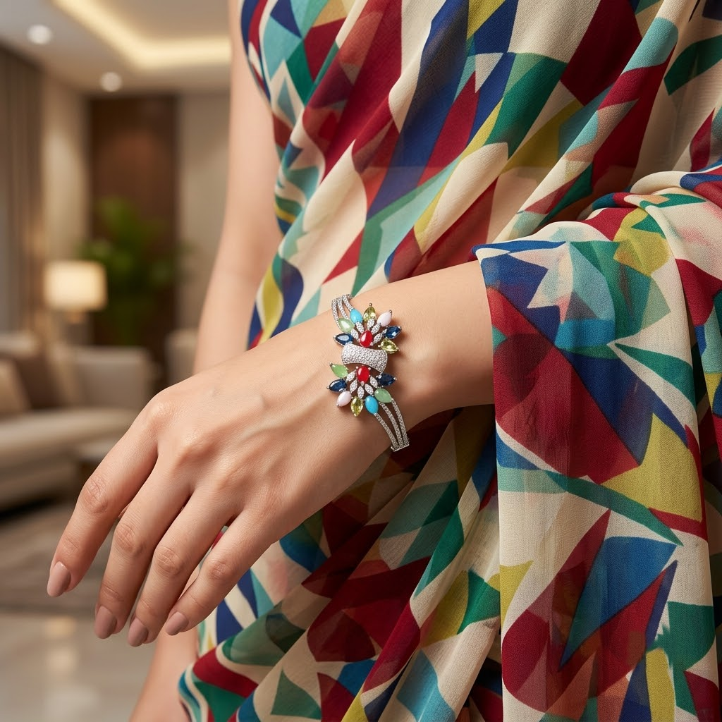 Rang Noor Multicolor Bracelet with colorful American Diamond AD stone flower designs, vibrant designer bracelet for women by ENAVA.