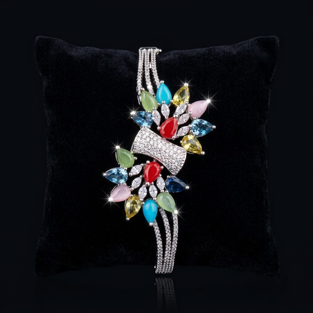 Rang Noor Multicolor Bracelet with colorful American Diamond AD stone flower designs, vibrant designer bracelet for women by ENAVA.