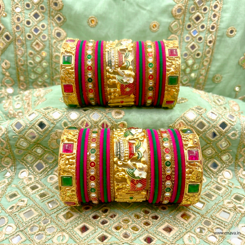 Ranisa Bridal Set with Ruby Green Kundans & Velvet Bangles by Enava Bangle Enava Jewels.